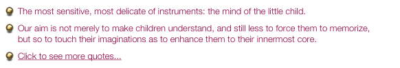 The most sensitive, most delicate of instruments: the mind of the little child.  
Our aim is not merely to make children understand, and still less to force them to memorize,
but so to touch their imaginations as to enhance them to their innermost core.
Click to see more quotes...